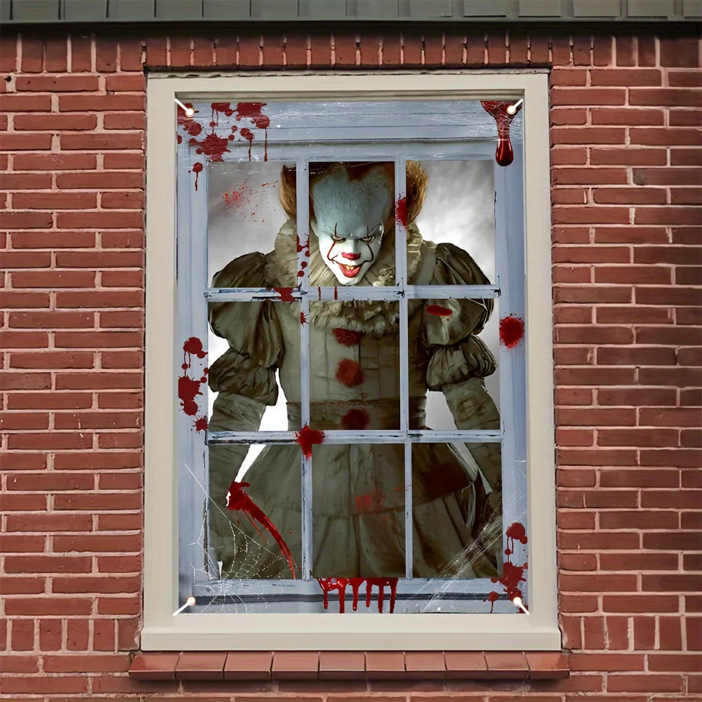 Halloween Horror Clown window decoration banner, polyester material - no power needed - perfect for room decoration