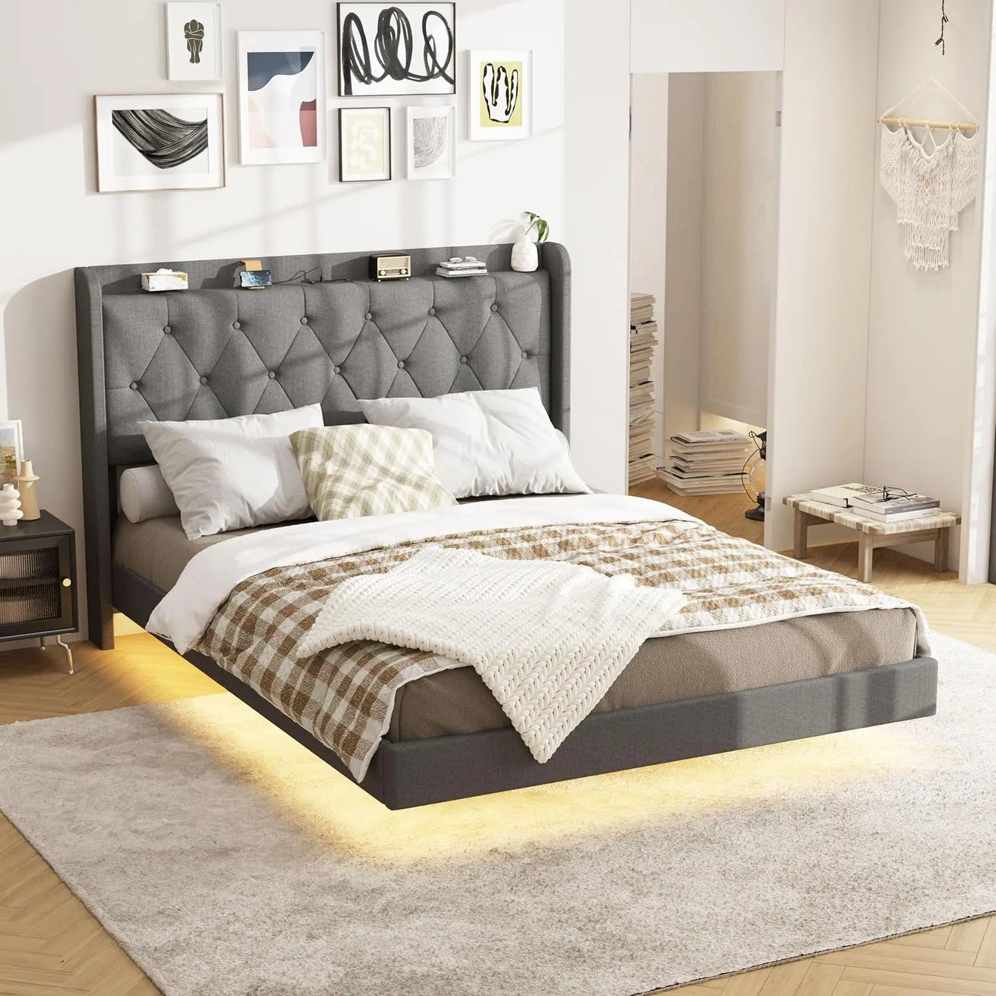 Floating Bed Frame with LED Lights, Upholstered PU Leather Platform Bed with Charging Station & Button Tufted Headboard Storage