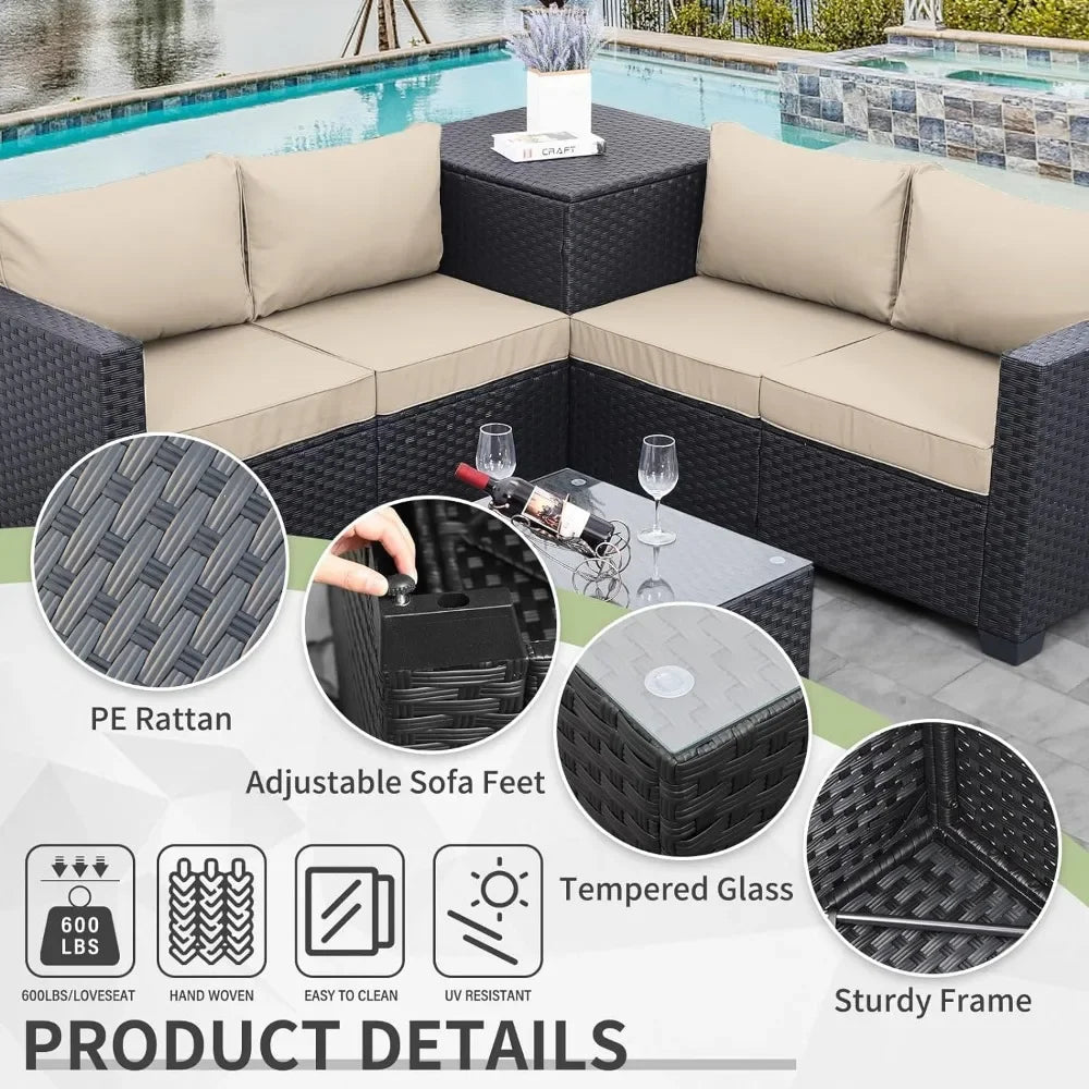 Patio Furniture, Set 4 Piece Black Rattan Sectional Sofa Conversation Couch Sets, Outdoor PE Wicker Patio Furniture Set 4 Piece