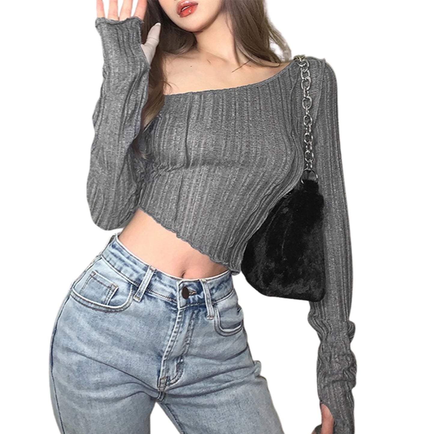 Chic Casual Style: Women's Long Sleeve T-shirt with Oblique Shoulder and Irregular Exposed Navel Design