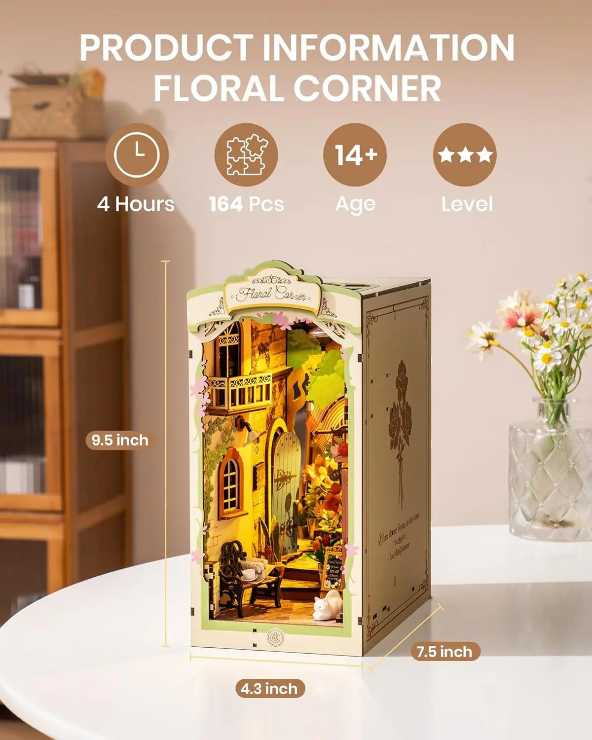 Robotime Floral Corner Book Nook Kits with LED Lights Miniature 3D Wooden Puzzle Bookend Book Shelf Decoration Gifts for Adults