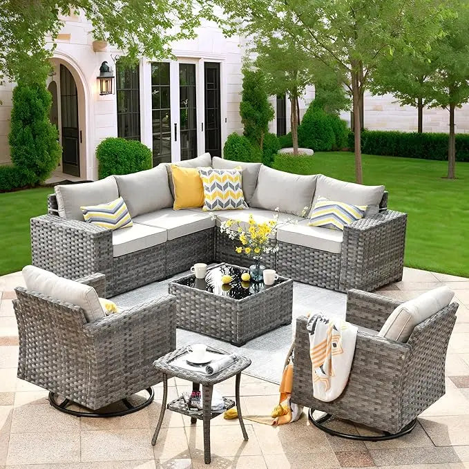 9 Pieces Patio Furniture Set, Outdoor Sectional Sofa with Swivel Rocking Chairs, Wide Arms and Deep Seat, Wicker Rattan Set