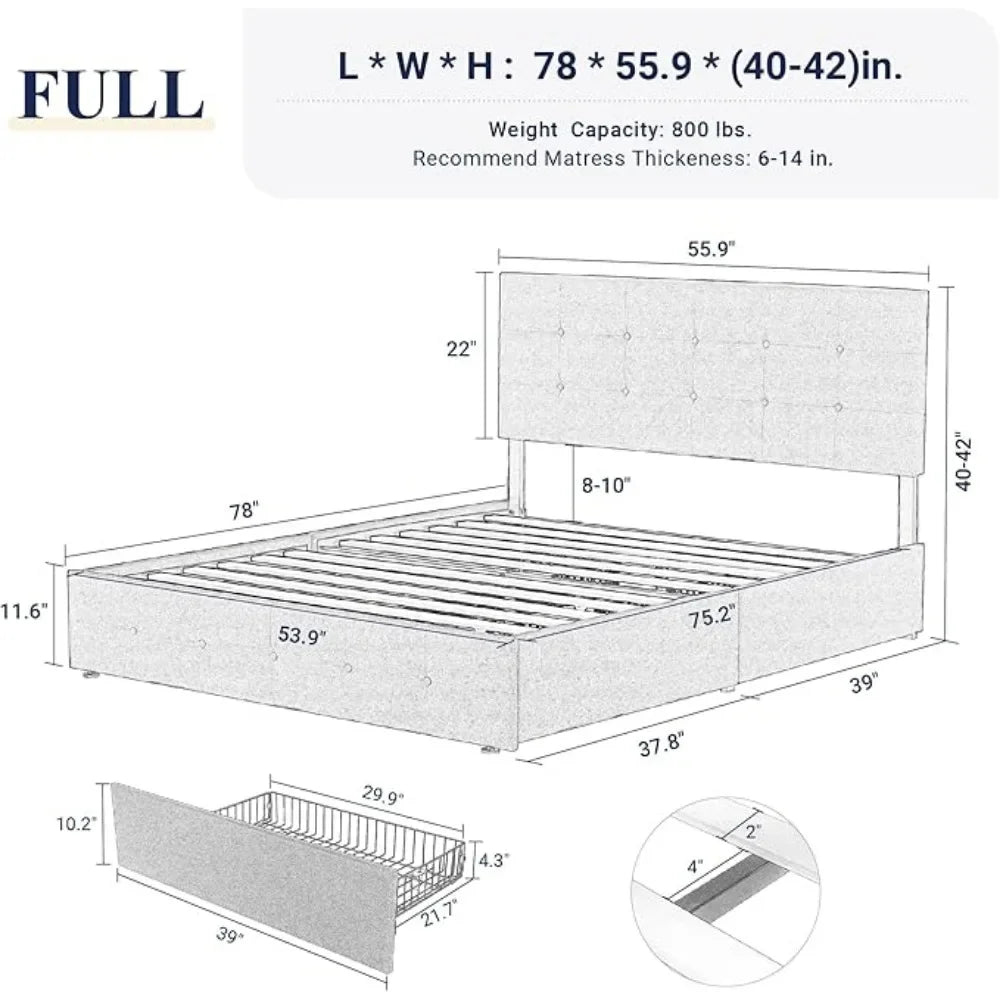 Upholstered Full Size Platform Bed Frame Square Stitched Button Tufted Bed Bases with 4 Storage Drawers and Headboard