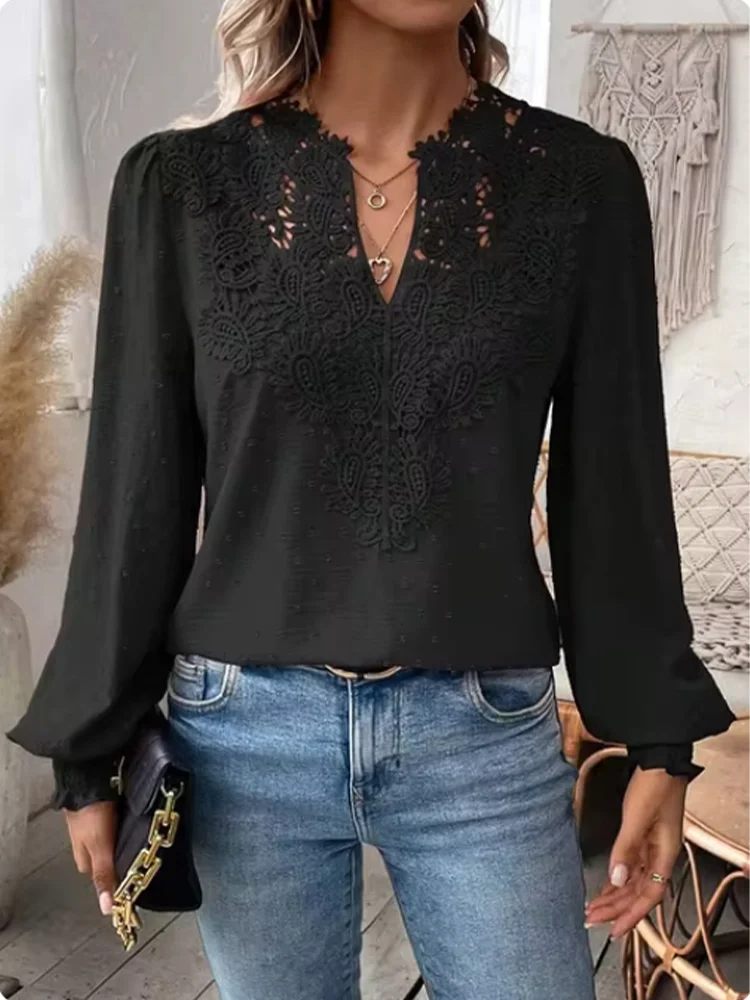 Luxury Solid Color V-Neck Long Sleeved Lace Top Women's Hollow T-Shirt Lady Elegant Office Autumn Spring Blouse Clothes