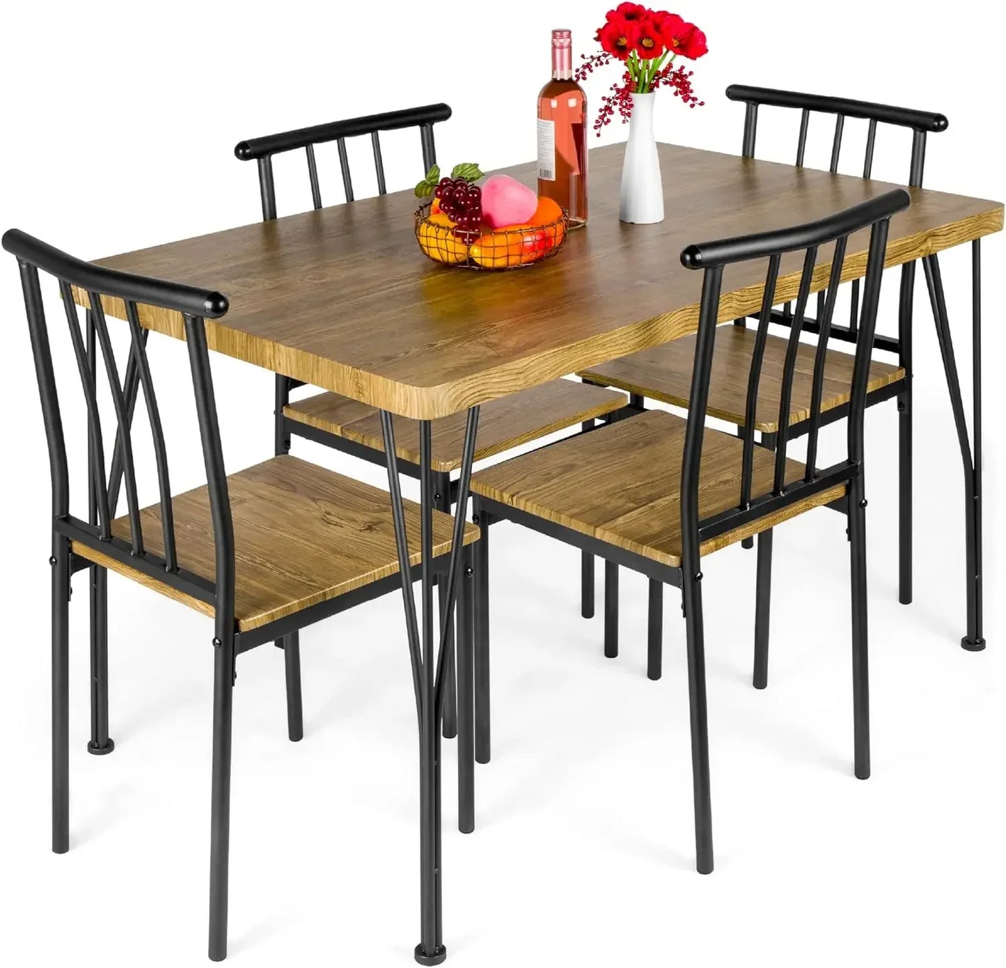 5 Piece Metal & Wood Interior Rectangular Dining Table Furniture Set for Kitchen, Dining Room, Breakfast Corner with 4 Chairs