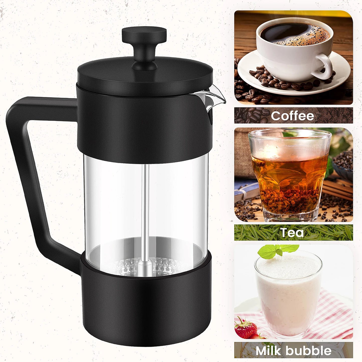 French Press Coffee & Tea Maker 12Oz, Thickened Borosilicate Glass Coffee Press Rust-Free and Dishwasher Safe,Black