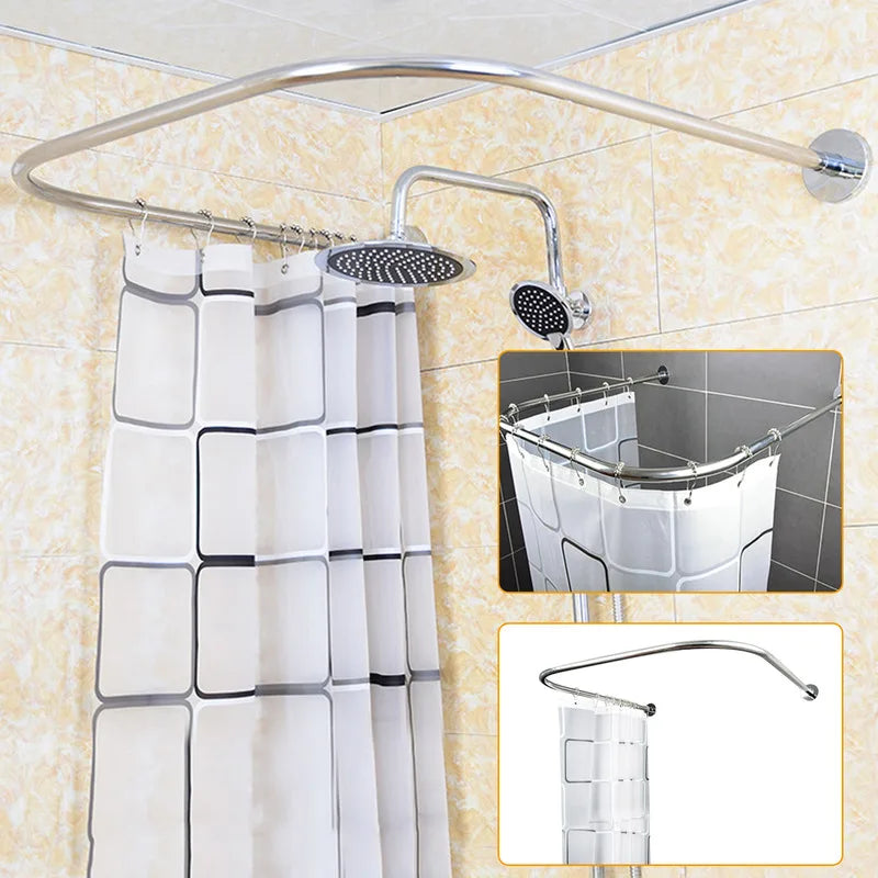 U Shaped Shower Curtain Rod Stainless Steel Curtain Rail Shower Rod Set Adjustable Curtain Bar Bathroom Accessories