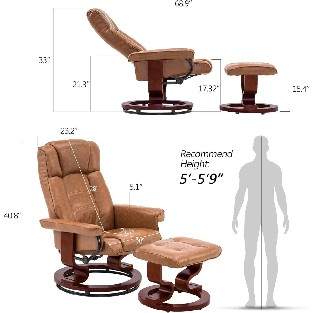 Swivel Recliner with Ottoman, Multi-Position Leisure Office Chair with Adjustable Back, Faux Leather Ergonomic Lounge Chairs w