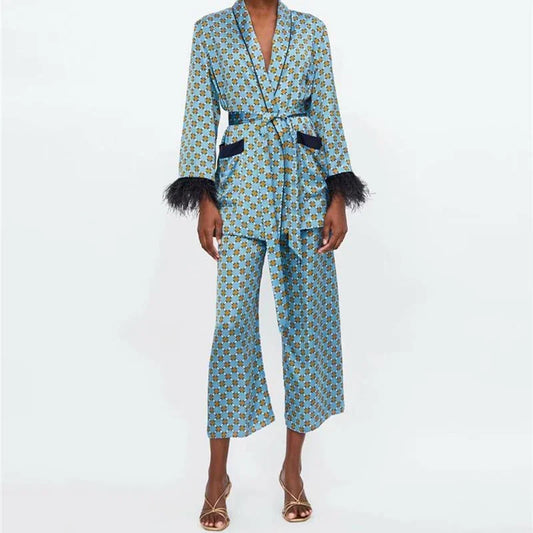 "Blue Moon" Kimono Suit: Feather Sleeves & Wide Leg Pants.