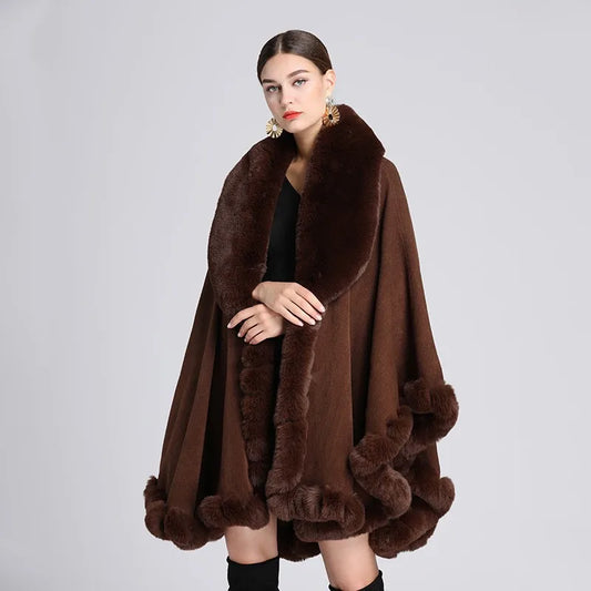 Shawl for Women,Poncho,Imitation Otter,Rabbit Fur Collar,Loose Cape,Warm Cardigan,Cloak Coat,Autumn,Winter,New Overcoat E2002