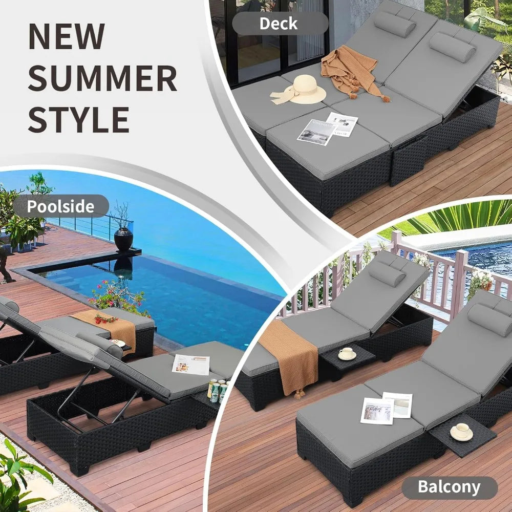 Outdoor Chaise Lounge Chairs for Outside Patio Furniture Set of 2 Black Rattan Pool Reclining Chair  Backrest Sunbathing