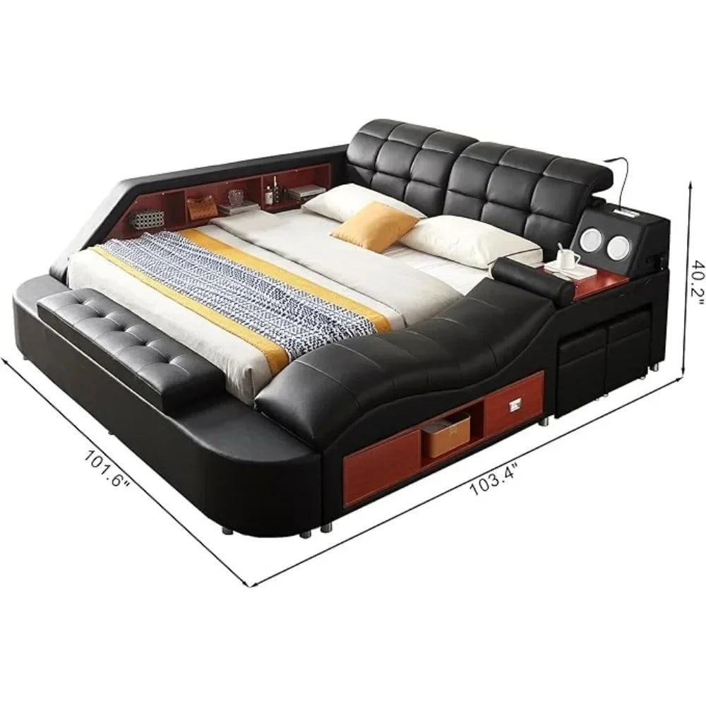 Multifunctional Queen Bed Frame,Smart Bed with Massage Recliner on Right Speaker/Storage Drawers,Adjustable Leather Up Headboard