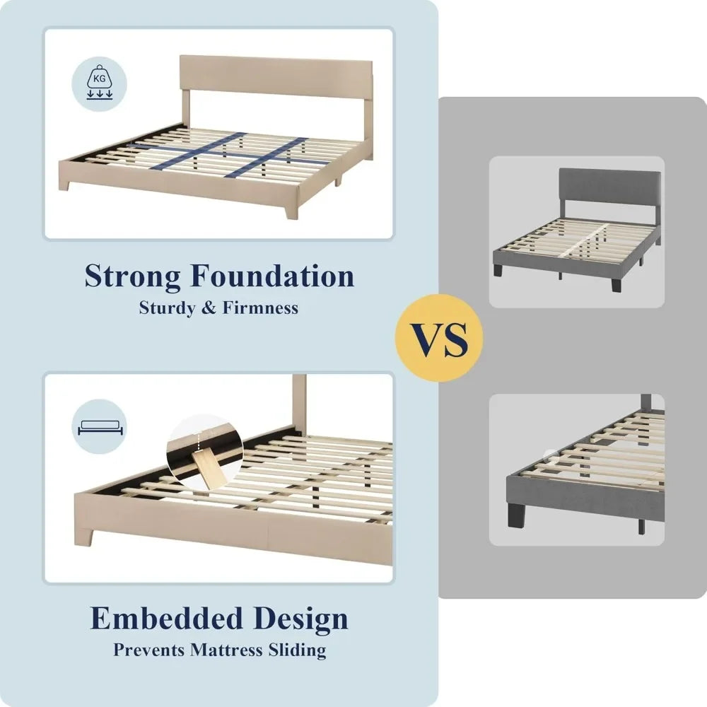 King Size Bed Frame with Adjustable Headboard, Upholstered Platform Bed with Wood Slats, Heavy Duty Mattress Foundation