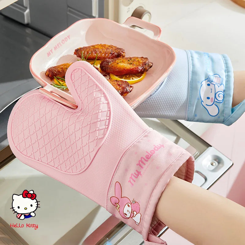 Kitchen Assistant High-Temperature Resistant Sanrio Hello Kitty Baking Gloves My Melody Kuromi Cartoon Silicone Thickened Gloves