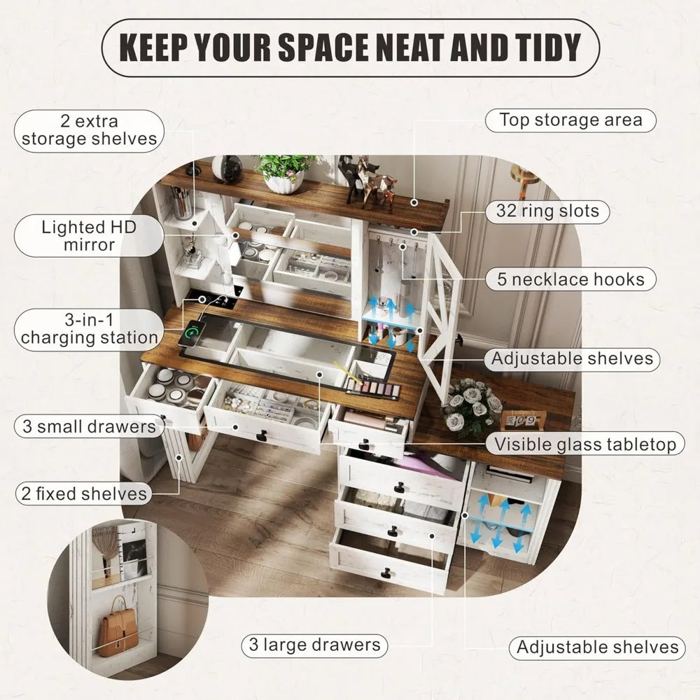 Vanity Desk with Mirror and Lights, Makeup Vanity Table with 6 Drawers/Large Storage,White Dressing Table 3 ColorsAdjustable