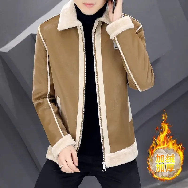 2023 suede leather PU Men Winter Jackets and Coats Thickening Wool Windbreak Waterproof Warm Skin Lamb Fur Trench Coat Plus