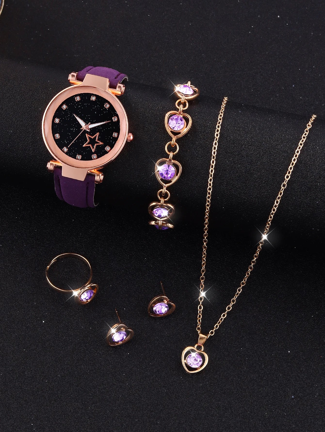 Purple fashion five-pointed star alloy leather women's quartz watch and purple hollow necklace set birthday gift wear pieces