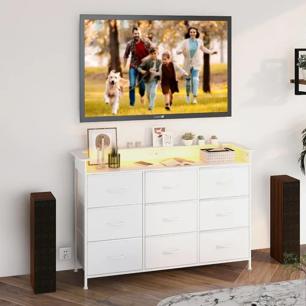 White Dresser with LED Light for Bedroom 9 Drawer Dressers with Charging Station Chests of Drawers for Entryway Closet bedroom