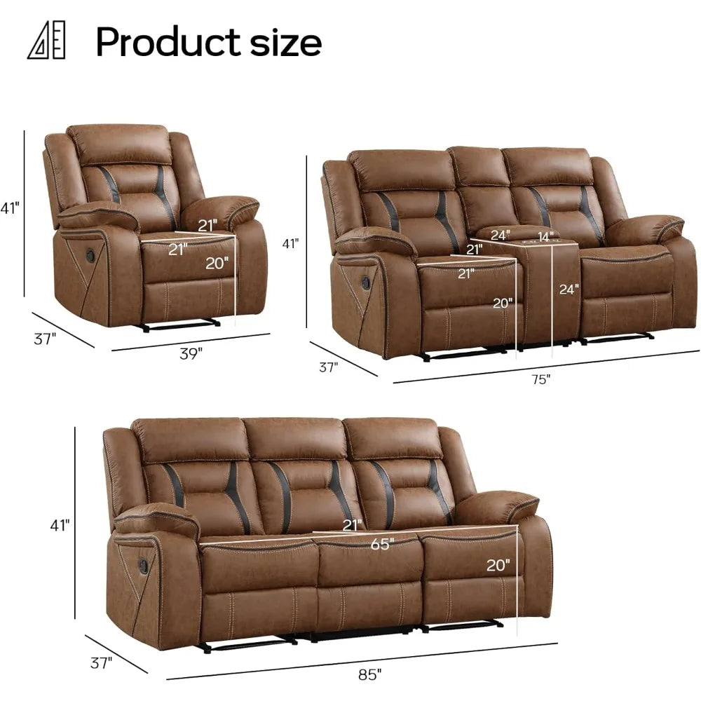 Faux Leather Recliner Sofa Furniture Set for Living Room, Recliner Chair, Manual Loveseat (Recliner+Loveseat+Sofa)