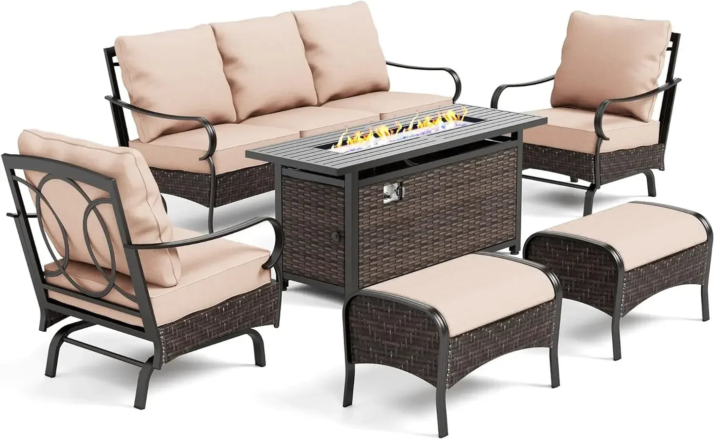 6 Pieces Outdoor Patio Furniture Sets with Fire Pit Table, Large Outdoor Conversation Sets for 7, Metal Patio Furniture Set