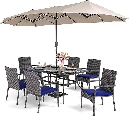 7 Piece Patio Dining Furniture Set, 60” Rectangular Metal Dining Table & 6 Cushioned Rattan Wicker Chairs ,Garden Furniture Sets