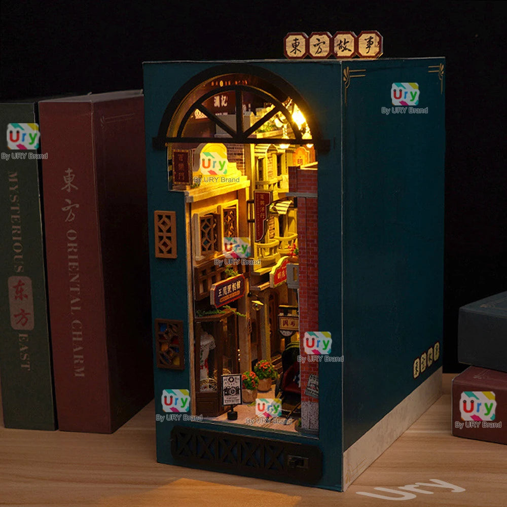 Ury 3D Wooden Puzzle Light LED Retro Shanghai Street Book Nook Shelf Kit Miniature Fairy Tale Town Bookshelf Toy Girl Xmas Gift