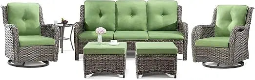 Wicker Patio Furniture Set,  2 Swivel Rocker Chairs, 2 Ottomans and 1 Side Table, Outdoor Furniture Patio Conversation Sets