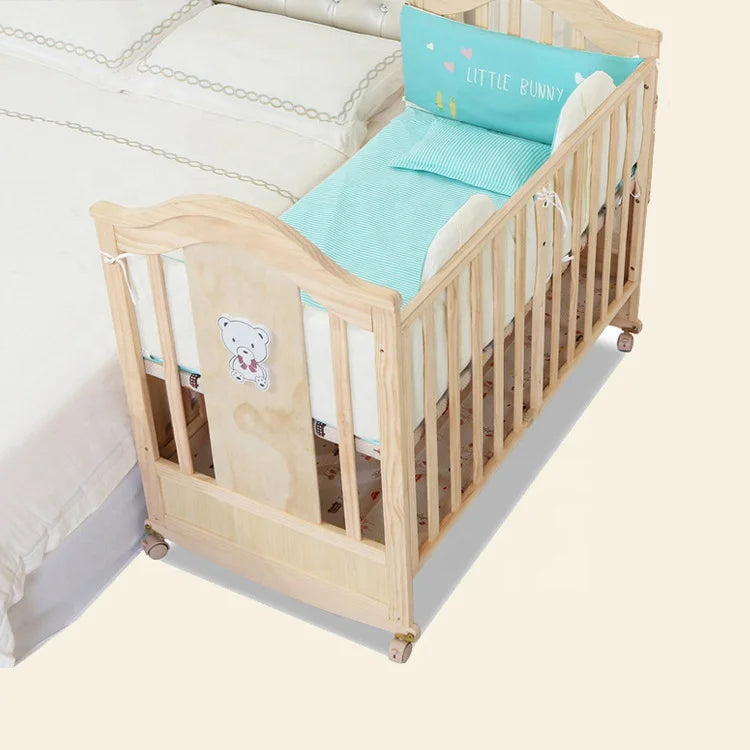 New Baby Cribs  Bed  Cot Adjustable Wheels Shaking Table Kid's  Bedroom Furniture Pine Wood Natural Unpainted Solid