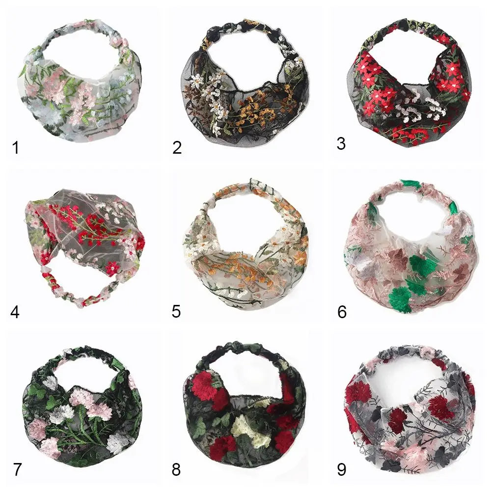 Fashion Multicolor Embroidered Headscarf Hair Cover Wide Edge Flower Pattern Headband Hair Accessories Thin Lace Headwear Female