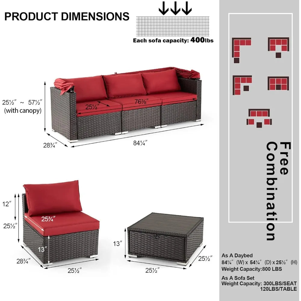 6 Pieces Patio Furniture Sets, Rattan Daybed with Retractable Canopy, Outdoor Sectional Sofa Set, Garden Furniture Sets