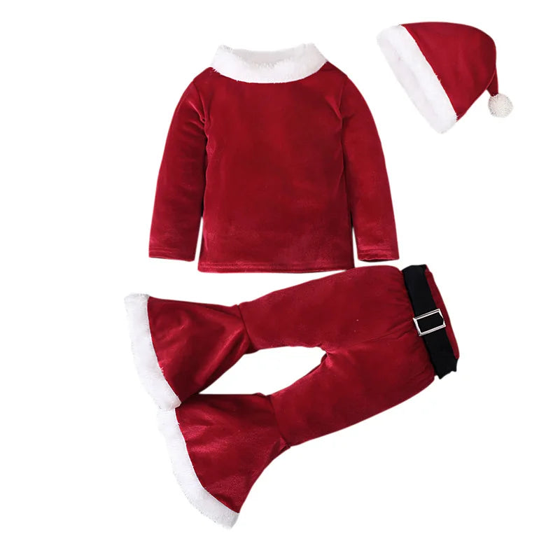 Baby Girls Christmas Cosplay Santa Claus Long Sleeve Red Bell Bottom Velvet Suit Carnival Party Kid Costume Top+Pant+Cap Clothes