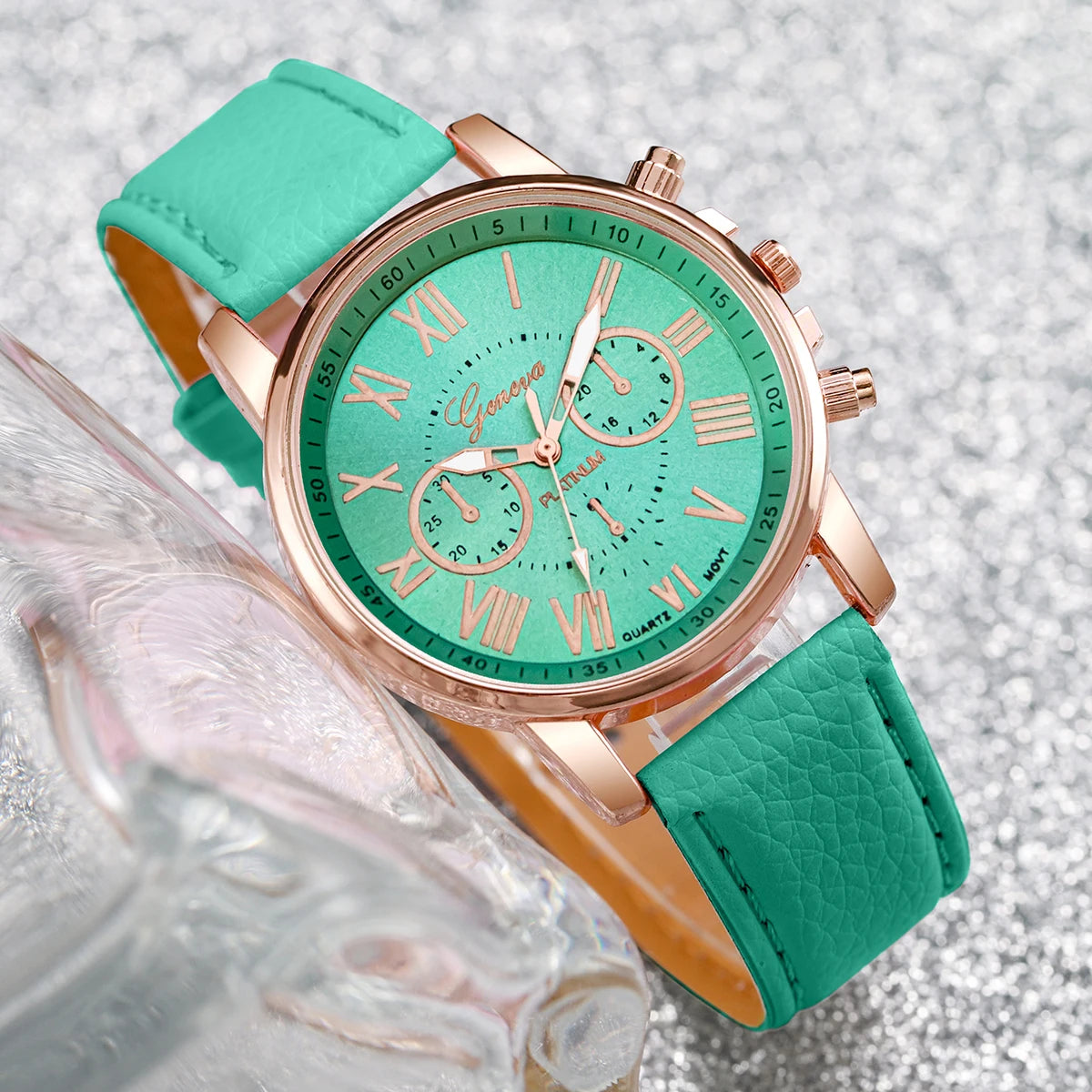 5PCS/Set Fashion Roma Dial Women's Quartz Watch Leather Band Wrist Watches Jewelry Set（Without Box）