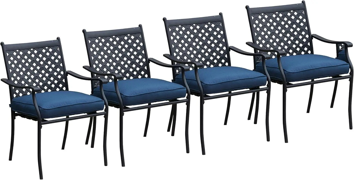 4 Piece Outdoor Patio Metal Wrought Iron Dining Chair Set with Arms and Seat Cushions - Blue