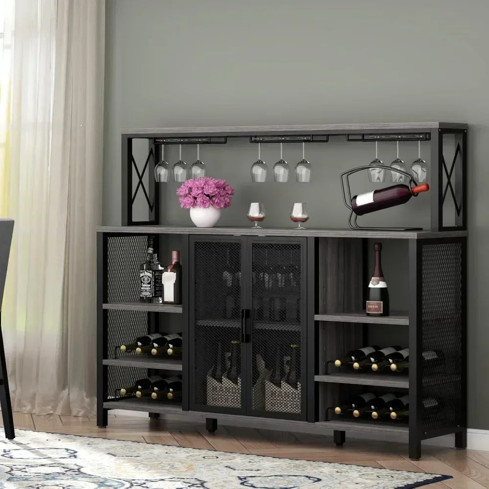 Wine Bar Cabinet, 55 Inches Industry Coffee Bar Cabinet with Wine Rack and Glass Holder, Kitchen Sideboard Buffet Cabinet