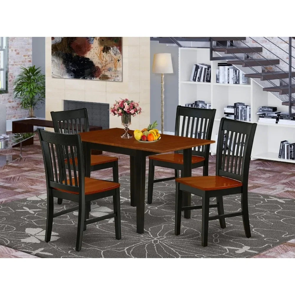 5 Piece Dinette Set for 4 Includes a Rectangle Dining Room Table with Dropleaf and 4 Dining Chairs, 30x48 Inch, Black & Cherry