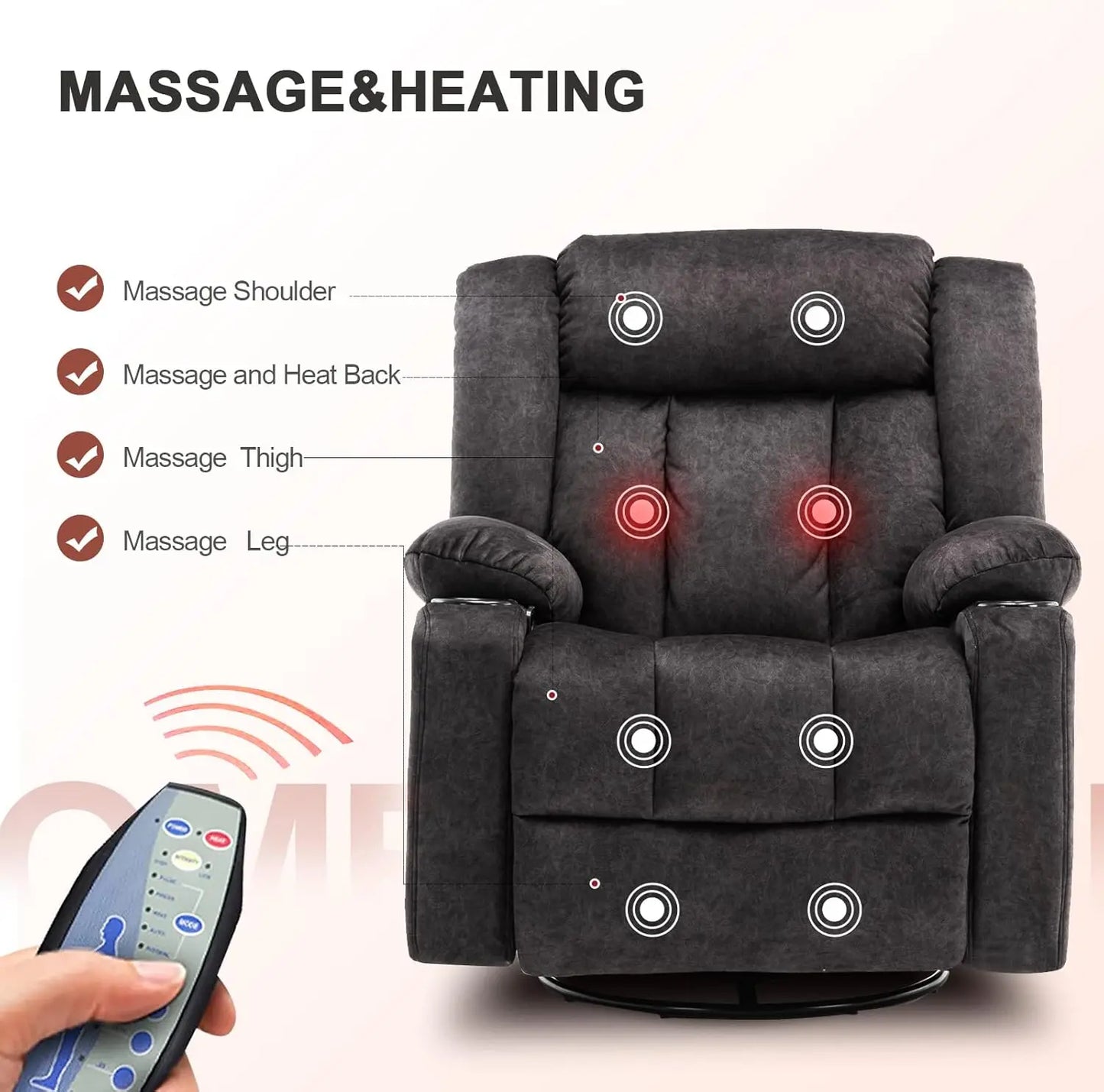 Chair Massage Rocker with Heated 360 Degree Swivel Lazy Boy Recliner Single Sofa Seat with Cup Holders for Living Room