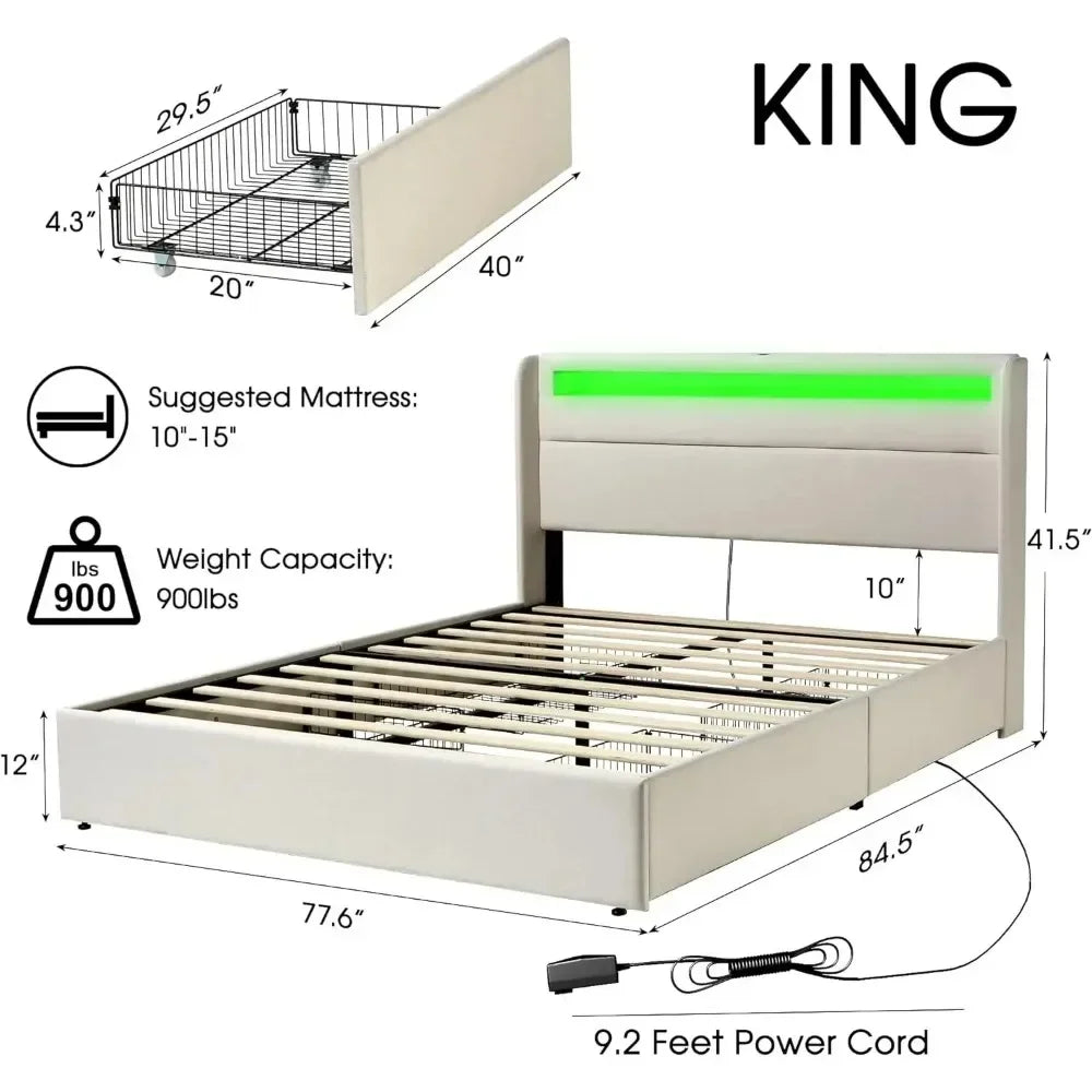 Queen Bed Frame with RGBW LED Lights Headboard & 4 Storage Drawers, Upholstered Smart Platform Bed with USB & USB-C Ports