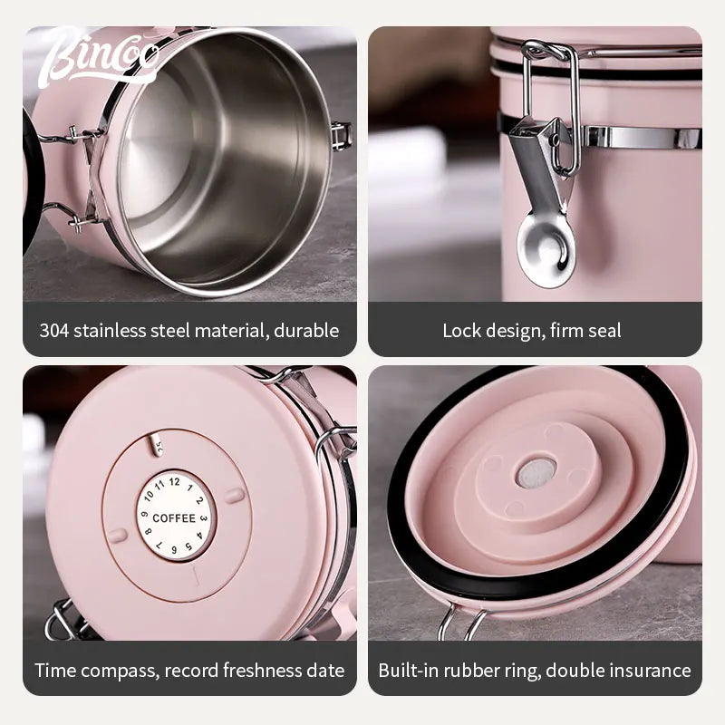 Bincoo coffee bean seal can unidirectional exhaust pink 304 stainless steel storage can holding coffee powder container snap