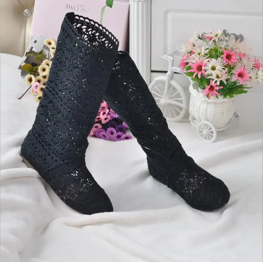 Women's spring high boots wool hollow boots fashion luxury brand summer white lace boots ladies hollow flat casual shoes