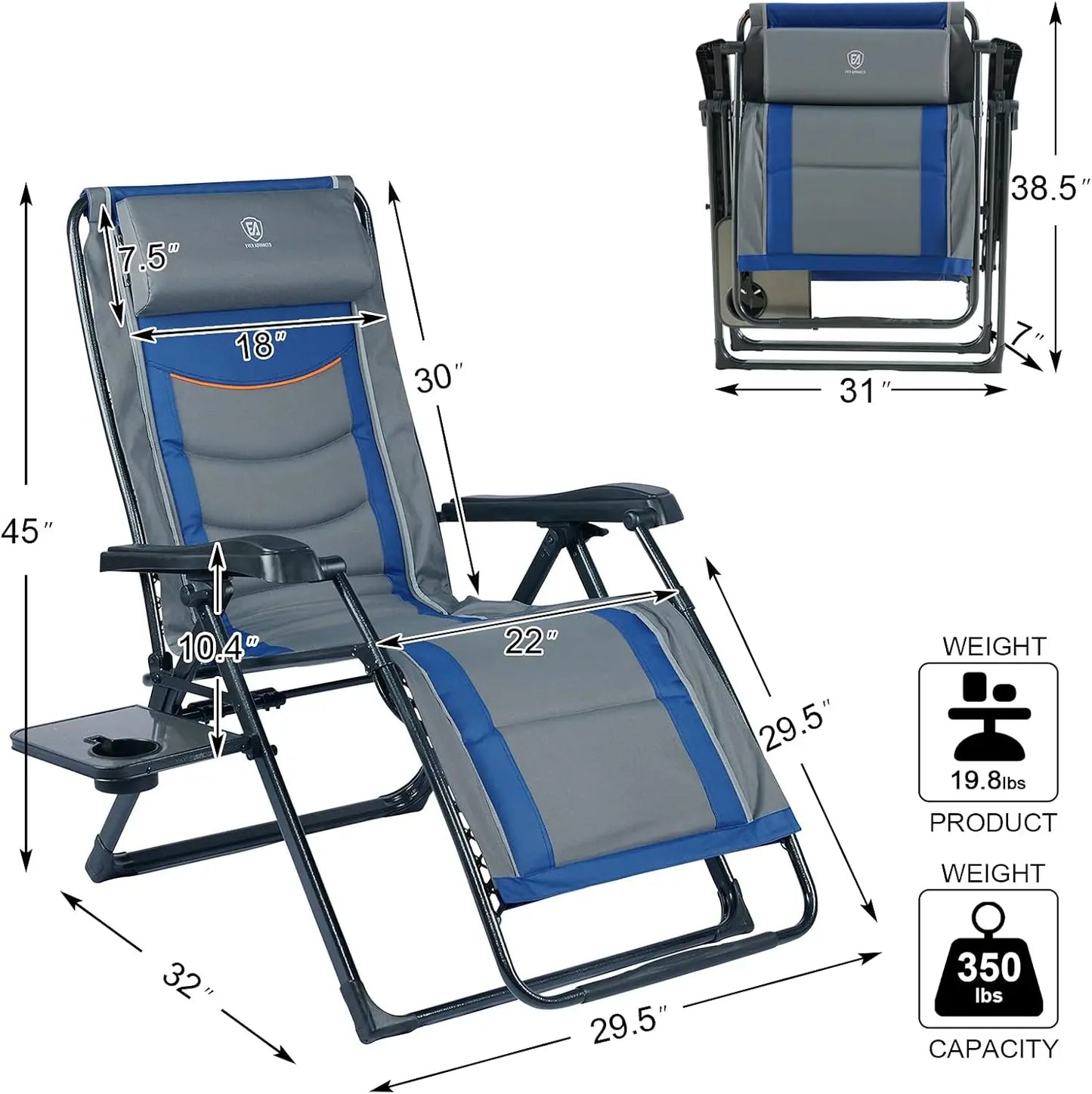 Set of 2 Oversize XL Zero Gravity Recliner Padded Patio Lounger Chair with Adjustable Headrest Support 350lbs (Blue)