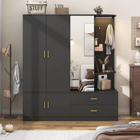 Wardrobe Closet with Mirror and Sensor Light, Armoire with 5 Doors 2 Drawers, Modern Wooden Large Wardrobe Closet with Shelves