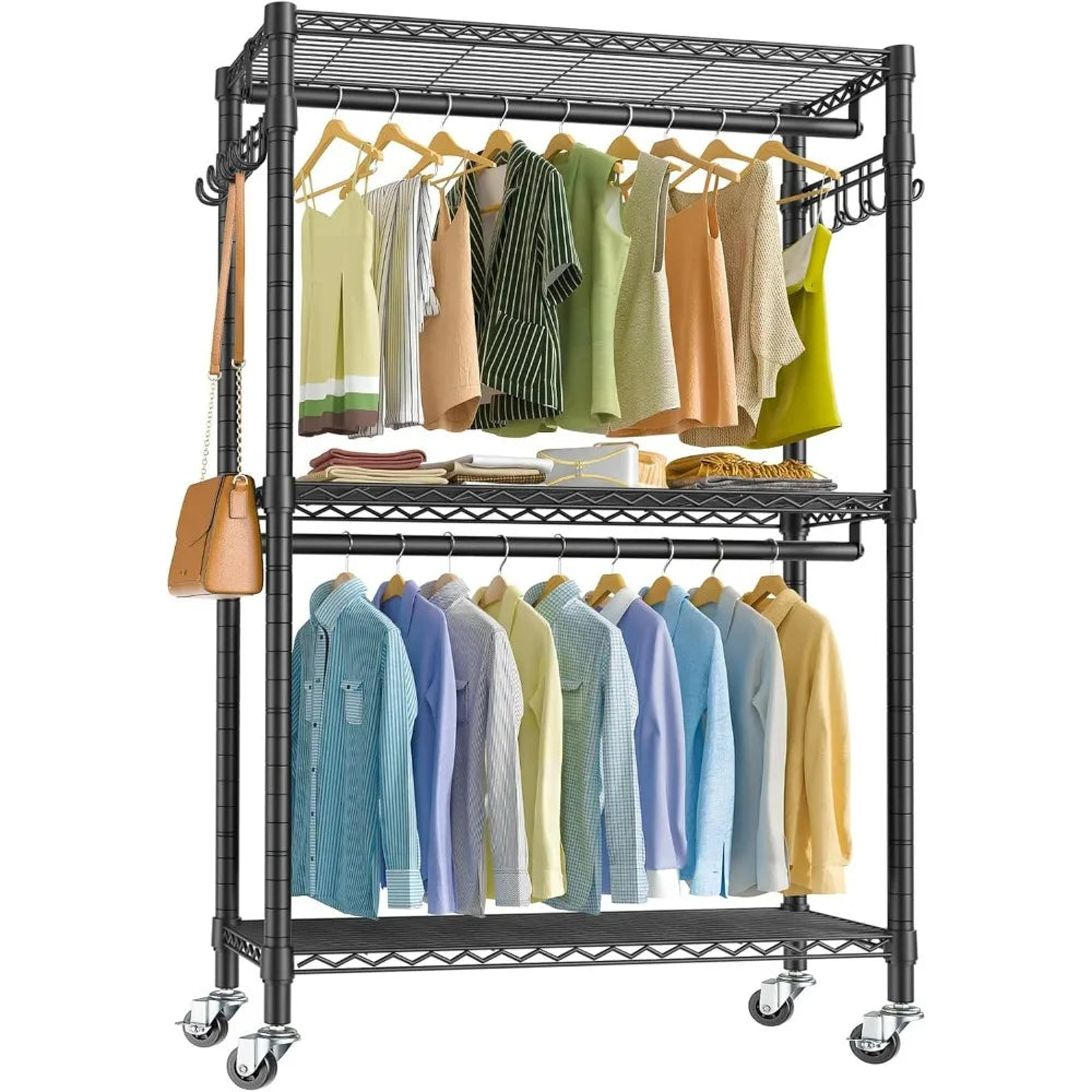 V12 Heavy Duty Rolling Garment Rack 3 Tiers Adjustable Wire Shelving Clothes Rack with Double Rods and Side Hooks,  Black