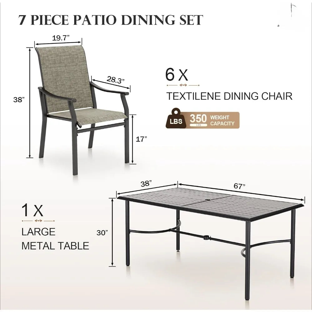 Outdoor Patio Dining Set ,6 Brown Textilene Chairs with 1.61"~2" Umbrella Hole, Outdoor 7pcs Patio Furniture Sets