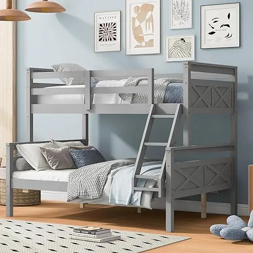 Bunk Bed, with Ladder Safety Guardrail Sturdy Wood Beds Frame Easy Assembly Space-Saving Design for Bedroom, Wood Bunk Bed Frame