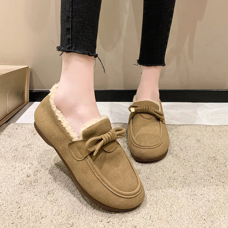 Winter Women Fur Shoes Warm Low Top Suede Furry Flats Loafers Fluffy Home Cotton Shoes Female Casual Comfortable Plush Shoes 41