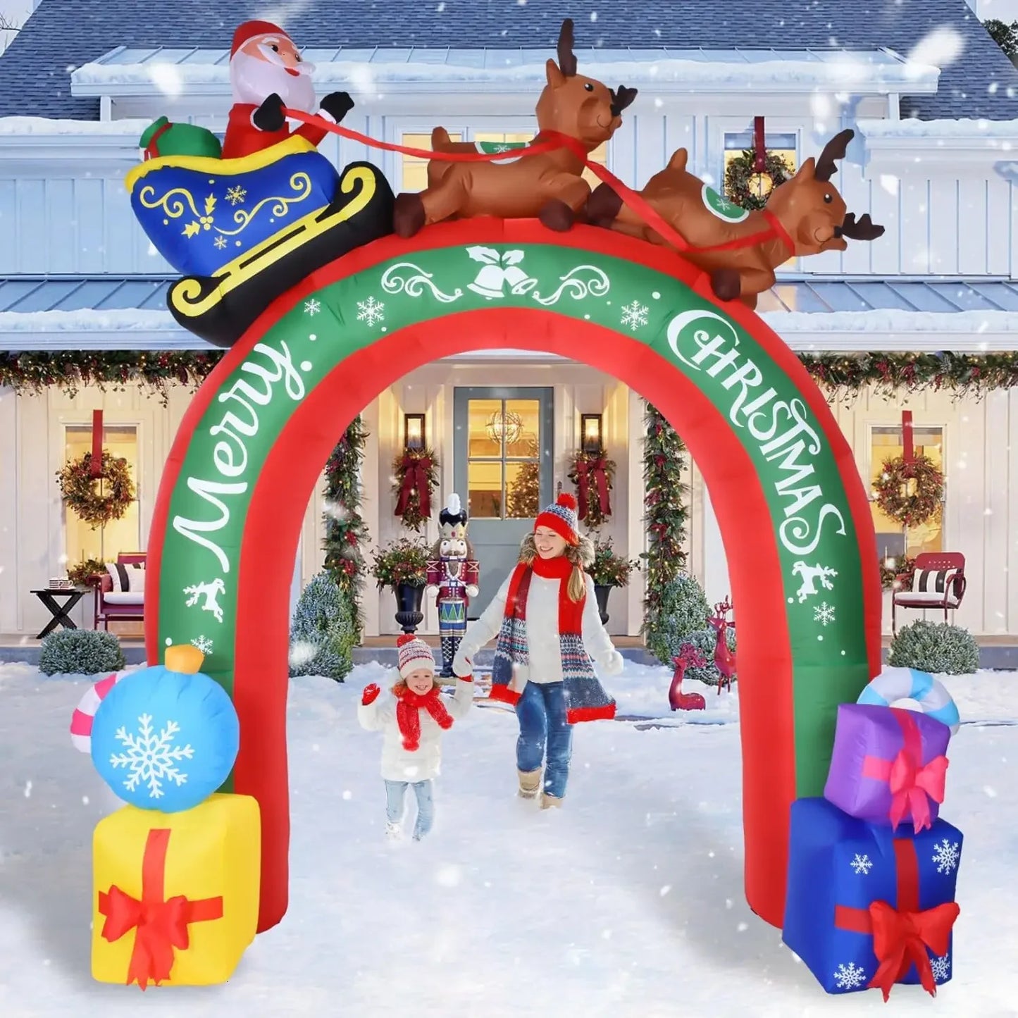 10 FT Christmas Inflatable Archway Santa Claus on Sleigh with Reindeers Christmas Blow Up Yard Decorations