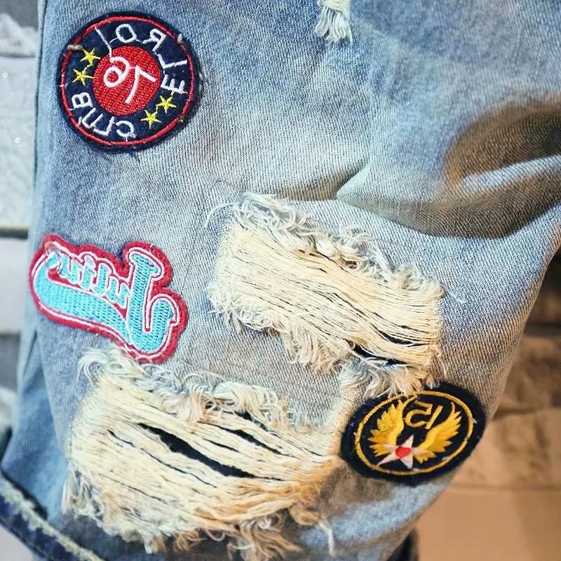 Summer Men's Letter Printing Denim Shorts Casual Holes Embroidery Label Medium 5-point Denim Pants Male Fashion Shorts