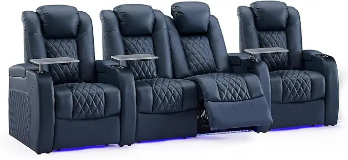 Top Grain Leather Recliner Chair Dual Power Gaming Sofa Electric Headrest with Tray Table Type-C USB Charge Cup Holders Black