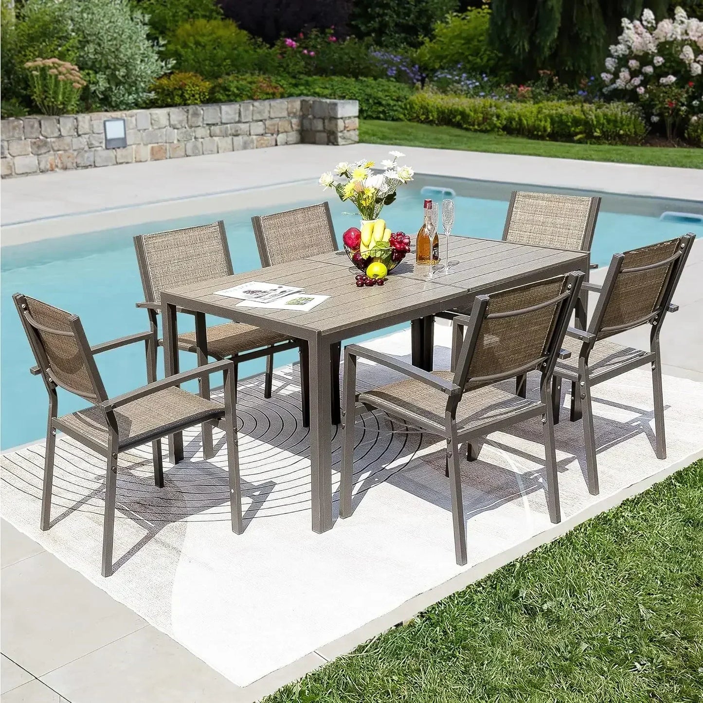 7 Piece Terrace Dining Outdoor Furniture Set with Weatherproof Table and 6 Stackable for Garden Suitable for gardens courtyards