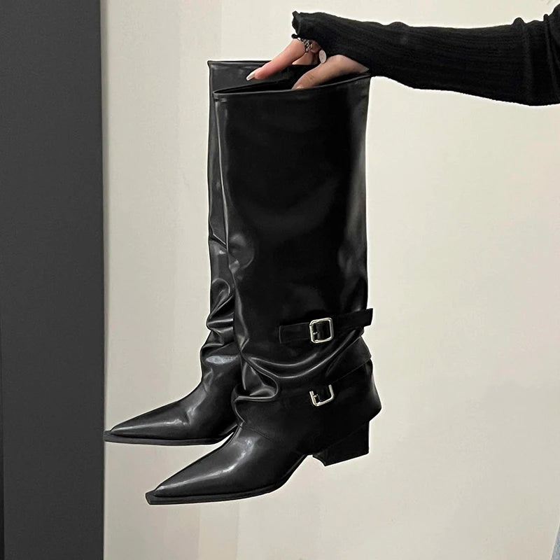 Retro Style Women Knee High Boots Fashion Belt Buckle Shoes Autumn Winter Wedges Heel Women's Knight Long Booties